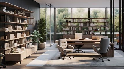 Fototapeta na wymiar Design a home office that promotes productivity and focus, integrating ergonomic furniture, ample natural light, and organized storage systems