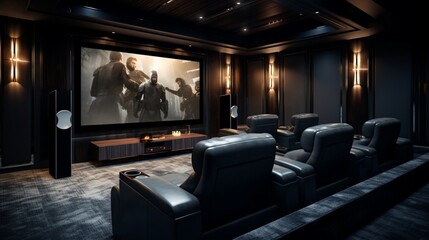 Design a home theater room with plush seating, blackout curtains, and state-of-the-art audio-visual equipment for a cinematic experience at home