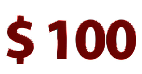 $100 plakative rote metallische 3D-Schrift, einhundert, USD, Preis, Kosten, Prämie, Rabatt, Gewinn, Gutschrift, Belohnung, Kapital, Business, Geschenk, wertvoll, 3D Rendering, Freisteller