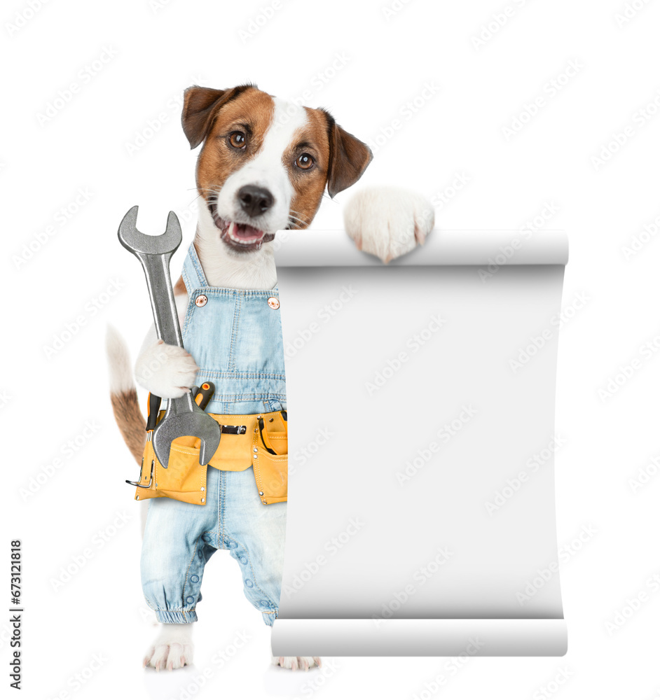 Poster funny puppy wearing denim overalls with tool belt holds wrench and shows empty list. isolated on whi