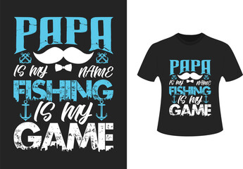 T-shirt design samples with illustration of a fish and a fishing rod.