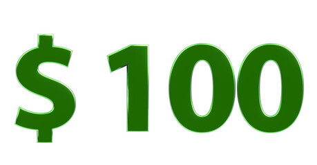 $100 plakative grüne metallische 3D-Schrift, einhundert, USD, Dollar, Preis, Kosten, Prämie, Rabatt, Gewinn, Gutschrift, Belohnung, Kapital, Business, Geschenk, wertvoll