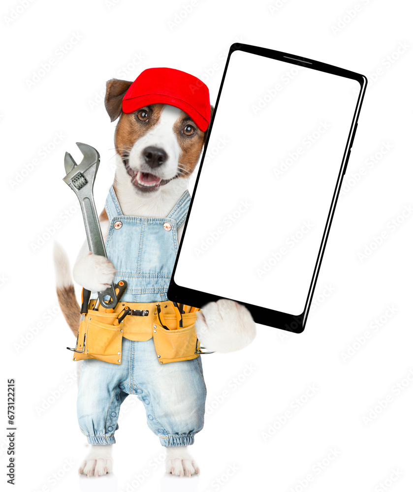 Poster funny jack russell terrier puppy wearing red cap and denim overalls with tool belt showing big smart
