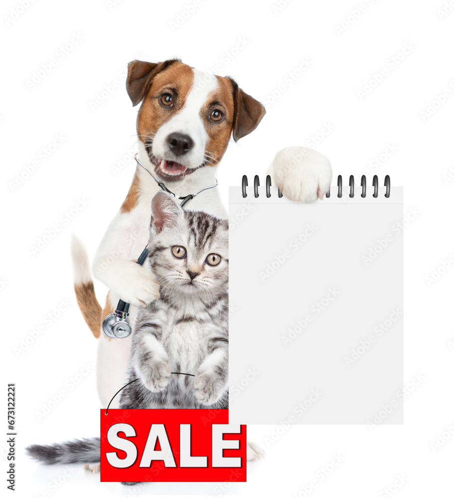 Aufkleber smart jack russell terrier with stethoscope on his neck hugs tiny kitten and shows empty notebook. c
