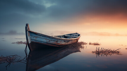 Abandoned fishing boat on a quiet lake - obrazy, fototapety, plakaty
