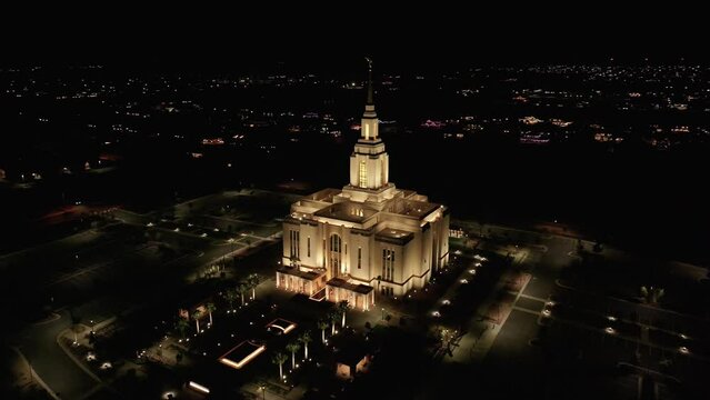 Aerial LDS Red Cliff Temple St George Utah night circle 2. Red Cliff Temple, The Church of Jesus Christ of Latter-day Saints, LDS or Mormon religion. Eternal family ordnances. Sacred building.
