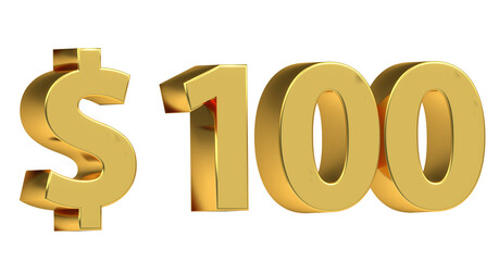 $100 plakative goldene metallische 3D-Schrift, einhundert, USD, Dollar, Preis, Kosten, Prämie, Rabatt, Gewinn, Gutschrift, Belohnung, Kapital, Business, Geschenk, wertvoll