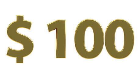 $100 plakative goldene metallische 3D-Schrift, einhundert, USD, Dollar, Preis, Kosten, Prämie, Rabatt, Gewinn, Gutschrift, Belohnung, Kapital, Business, Geschenk, wertvoll