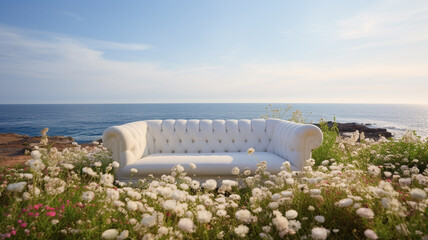 Luxurious white sofa in the middle of a flowers field