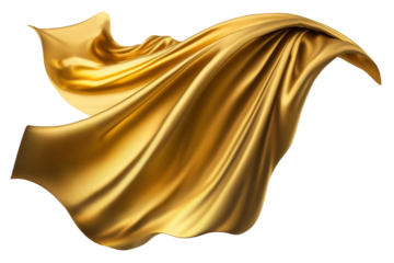 Smooth flying elegant On transparent background, golden fabric fluttering textile wind silk wave fashion satin motion drapery scarf flying chiffon veil.