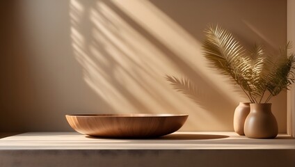 Blank brown wooden counter table in soft sunlight, leaf shadow on beige texture wallpaper wall for luxury organic cosmetic, skincare, beauty, body care