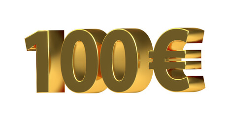 100 € plakative goldene metallische 3D-Schrift, einhundert, Euro, Preis, Kosten, Prämie, Rabatt, Gewinn, Gutschrift, Belohnung, Kapital, Business, Geschenk, wertvoll
