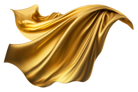 Smooth flying elegant On transparent background, golden fabric fluttering textile wind silk wave fashion satin motion drapery scarf flying chiffon veil.