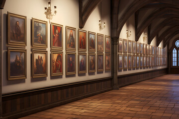 Interior of an ancient castle hall. Portrait gallery. Background
