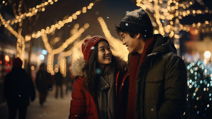 asian young couple in love walks in the street with christmas lights - obrazy, fototapety, plakaty