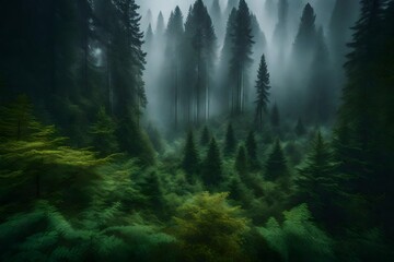 View of forest with fog - AI Generative