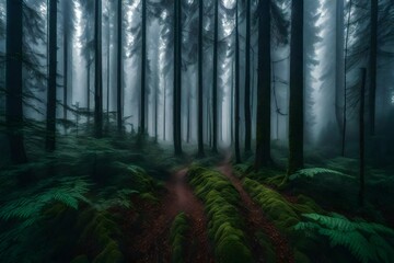 Obraz premium View of forest with fog - AI Generative