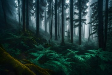 View of forest with fog - AI Generative