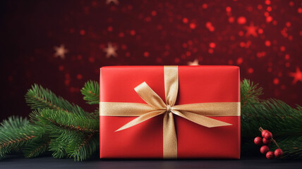 christmas and new year background . a red gift box on a christmas background. - Top View