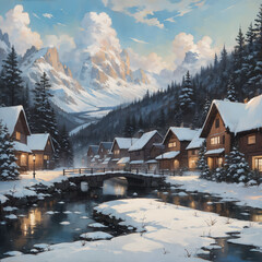 Fototapeta premium A small village by the river among the mountains in winter. Stone bridge over the river. Generative AI