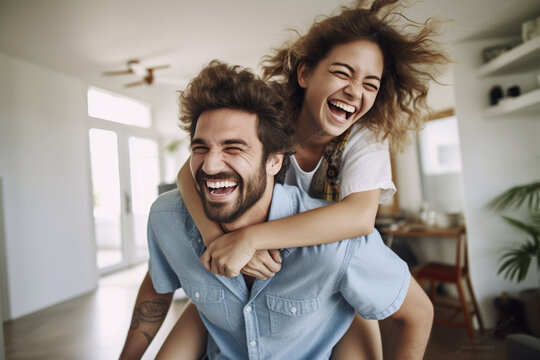 Shot of young couple spending leisure time together at home, Smiling girl piggybacking on her boyfriend, Playful man having fun while piggybacking his girlfriend
