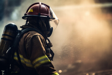 Side view Portrait of a firefighter in full gear operating a fire hose in a smokey area - obrazy, fototapety, plakaty