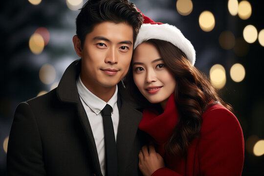 Romantic Middle Age Asian Couple In Christmas Hats