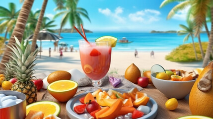 Watercolor Painting of Fresh Juice Coctail and Fruits Summer Tropical Beach Blurry Background