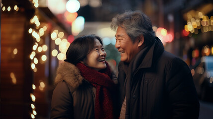 Obraz na płótnie Canvas asian mature couple in love walks in the street with christmas lights