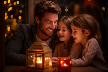 father with his two daughters building up a christmas light