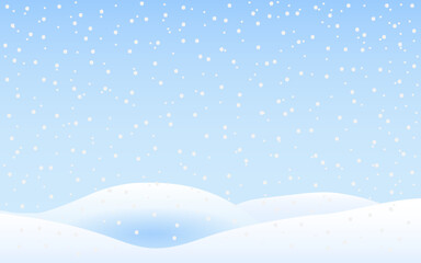 Christmas background postcard. Winter landscape with snowdrifts and snow on a blue background. Blue winter sky. Holiday vector illustration in cartoon flat style. Template for sales and discounts. 