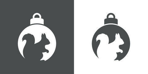 Tiempo de Navidad. Logo con silueta de bola de navidad con ardilla sentada para su uso en invitaciones y felicitaciones