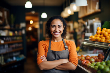 Successful shop owner smiling happily in her grocery store - obrazy, fototapety, plakaty