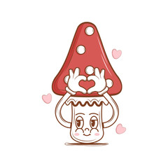 Cute Character Mushroom in love in groovy style. Isolated retro sticker on a transparent background for various purposes. Vintage vector art