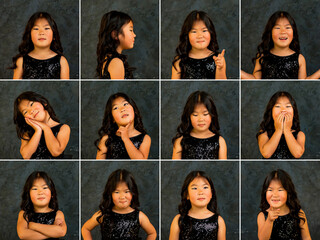 Collage set of studio shots with different facial expressions child oriental girl 6 year old at...