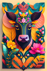 Ai generated flat 2d image of a bull surrounded by brazillian ornamental element
