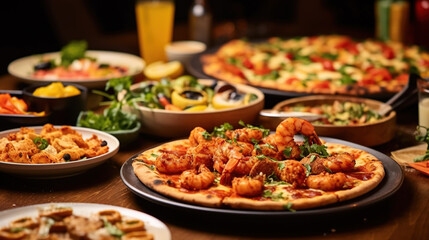 Delicious Juicy Shrimp Pizza on Blurry Background