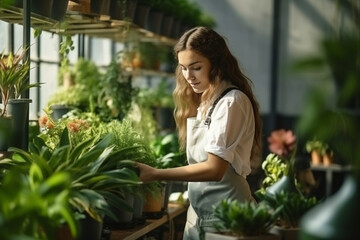 Woman professional gardener in apron take care of houseplants in floral store - obrazy, fototapety, plakaty