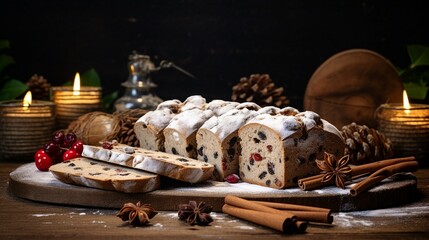 Christmas Stollen Dessert on Wooden Background - Traditional Holiday Cake