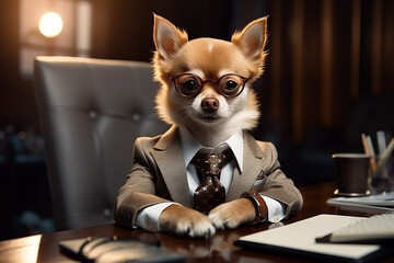 Dog office worker. A dog in the office. Chihuahua boss. Director, Manager, Worker fun