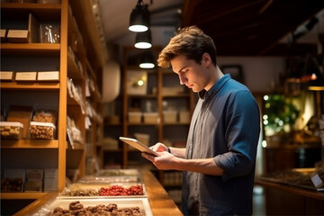 Young male delicatessen using a tablet to take inventory of artisanal merchandise on shelves in his shop - obrazy, fototapety, plakaty