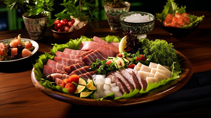Delicious Sashimi.  Generated Image.  A digital rendering of a delicious plate of sashimi.
