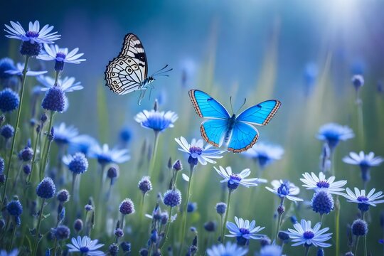 Wild light blue flowers in field and two fluttering butterfly on nature outdoors - AI Generative