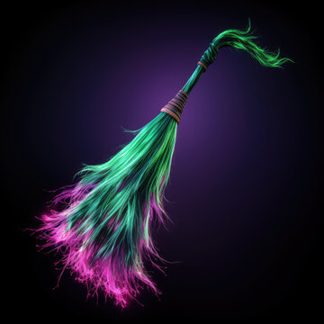 Neon witchs broom on isolated dark background