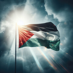 Palestinian flag waving on cloudy sky background - obrazy, fototapety, plakaty