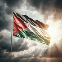 Palestinian flag waving on cloudy sky background - obrazy, fototapety, plakaty