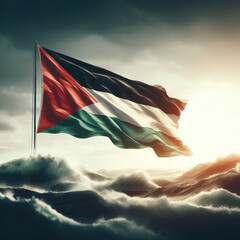 Palestinian national flag waving on clouds - obrazy, fototapety, plakaty