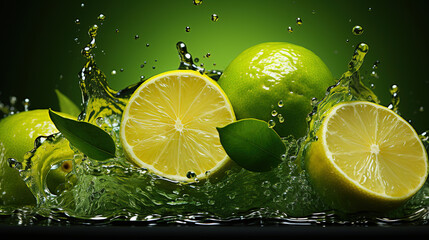 Green Lemons and Slices with Splash of Juice and Leaves on Selective Focus Background