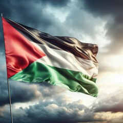 Photo of Palestinian flag waving in cloudy sky - obrazy, fototapety, plakaty