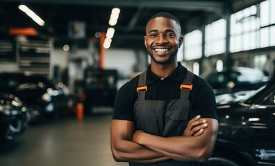Smiling black car mechanic man standing arm crossed working in auto repair shop, African American mechanic man happy working in car garage